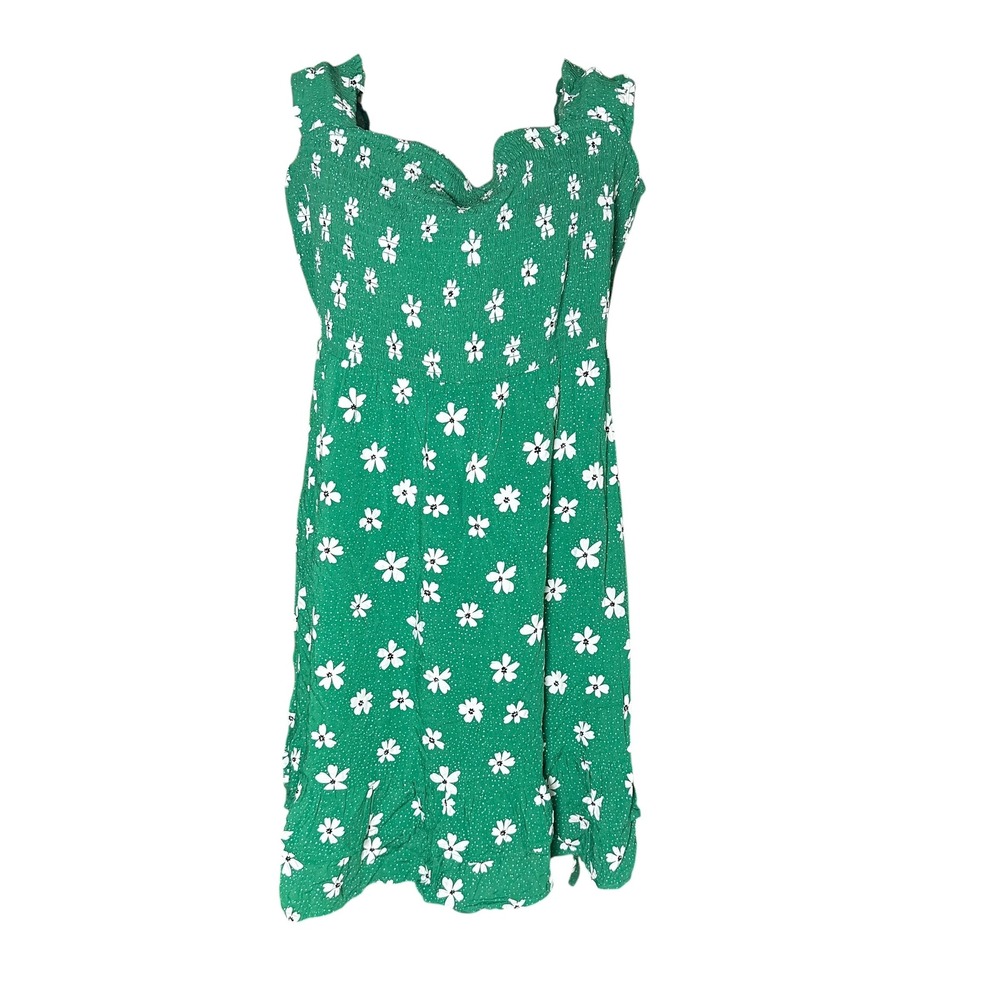 DR2 Boho Green Floral Smocked‎ Mini Dress XL Ruffle Strap Daisy Sundress New